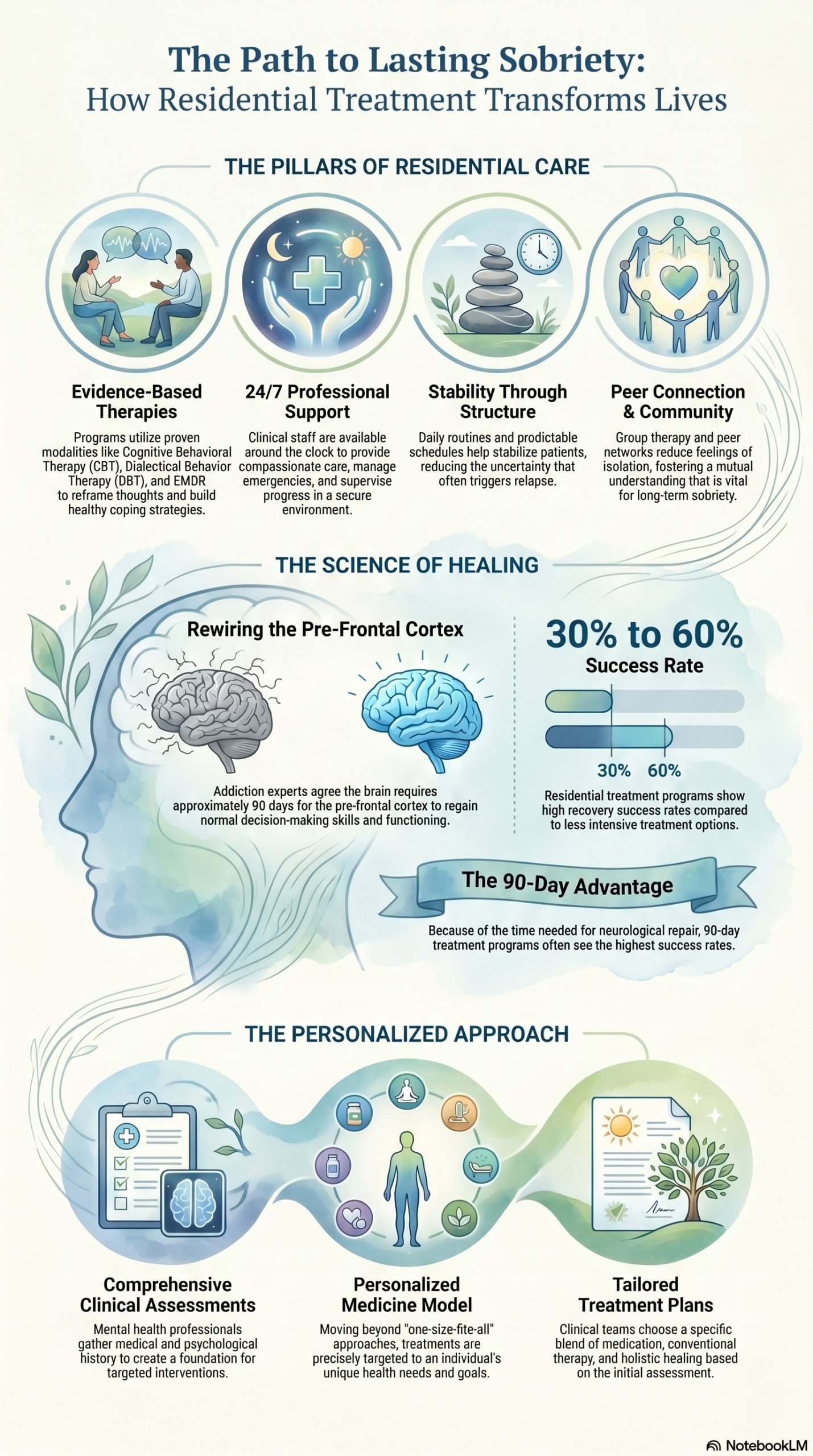 Infographic explaining how residential treatment supports long-term addiction recovery through evidence-based therapy, 24/7 support, structured care, personalized treatment plans, and brain healing during sobriety.
