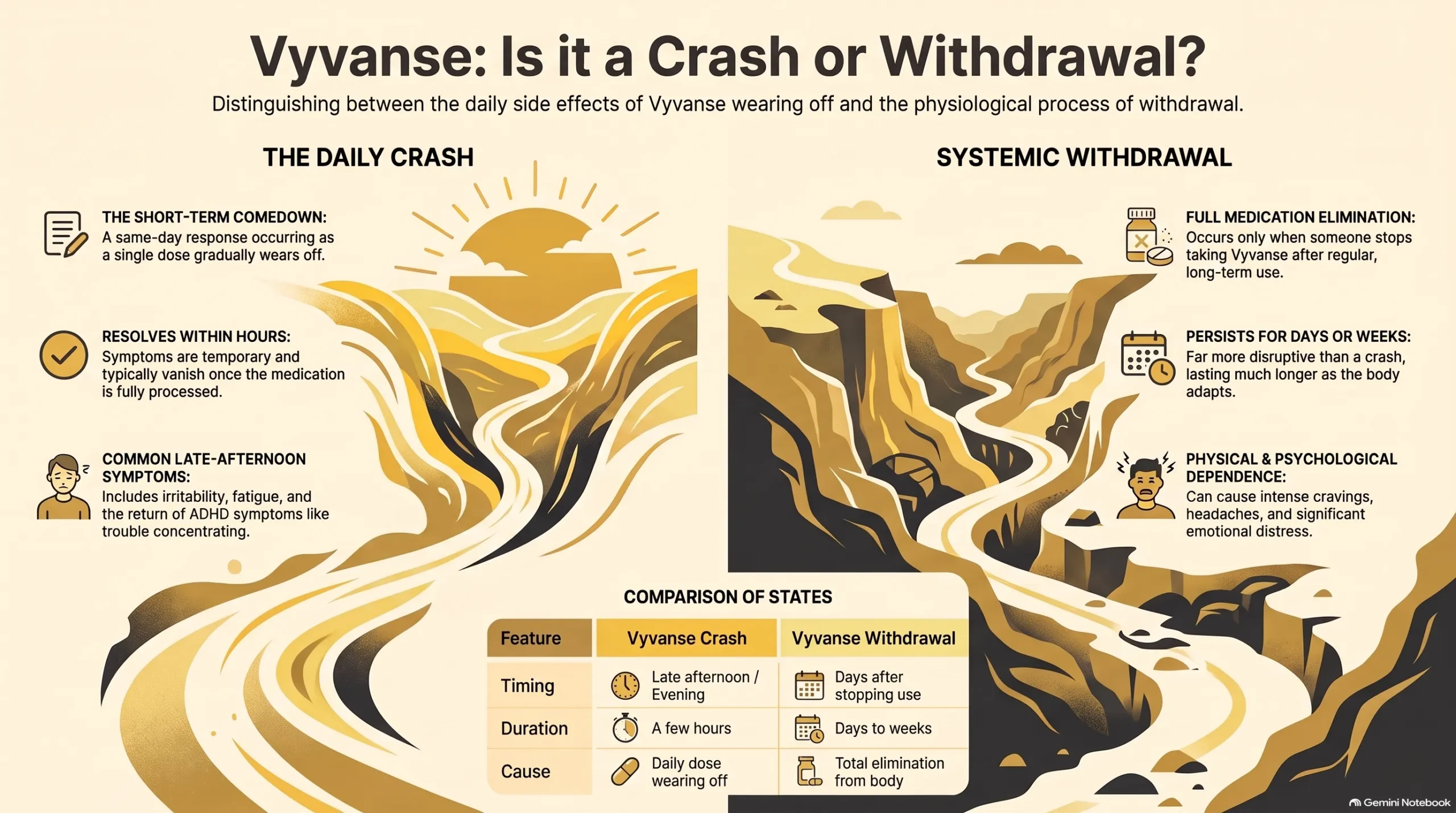Infographic comparing a daily Vyvanse crash with systemic withdrawal, including timing, duration, and cause