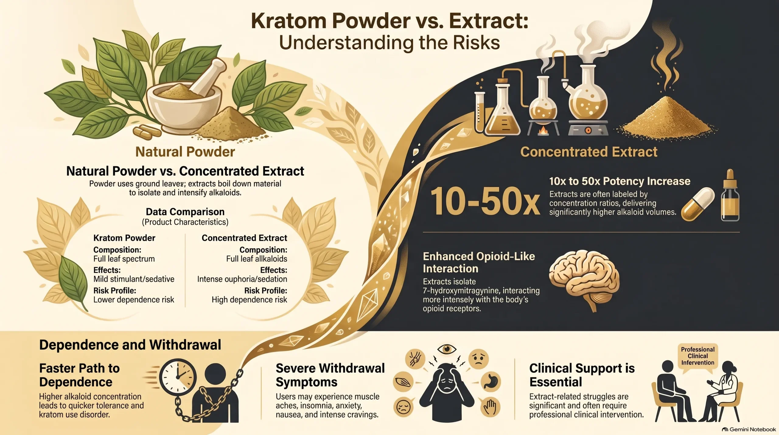 Infographic comparing kratom powder and concentrated extract by potency, dependence risk, and withdrawal severity