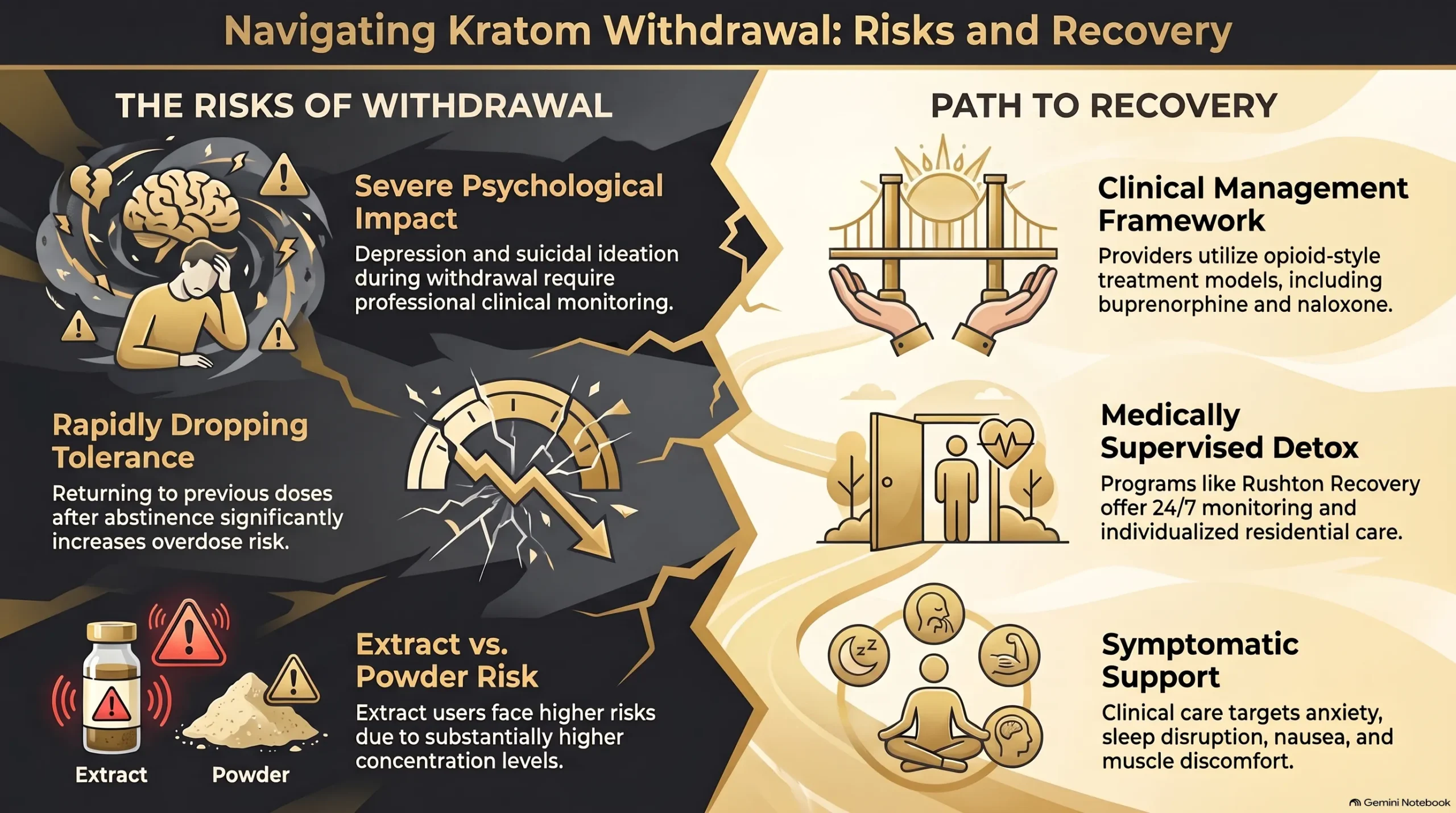 Infographic on kratom withdrawal risks and the path to recovery through medically supervised detox and clinical support
