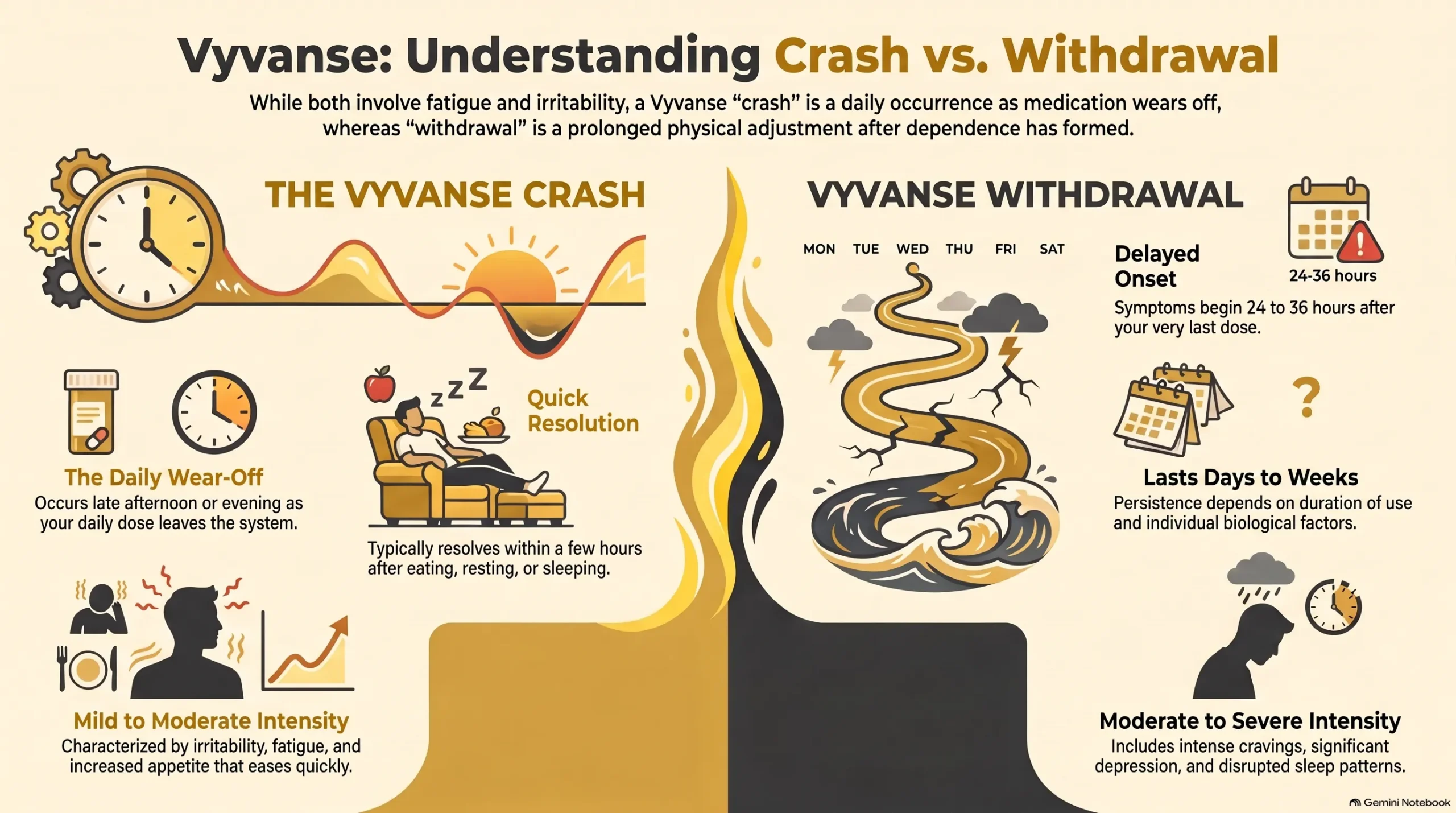 Infographic contrasting the Vyvanse crash and Vyvanse withdrawal by onset, duration, and symptom intensity