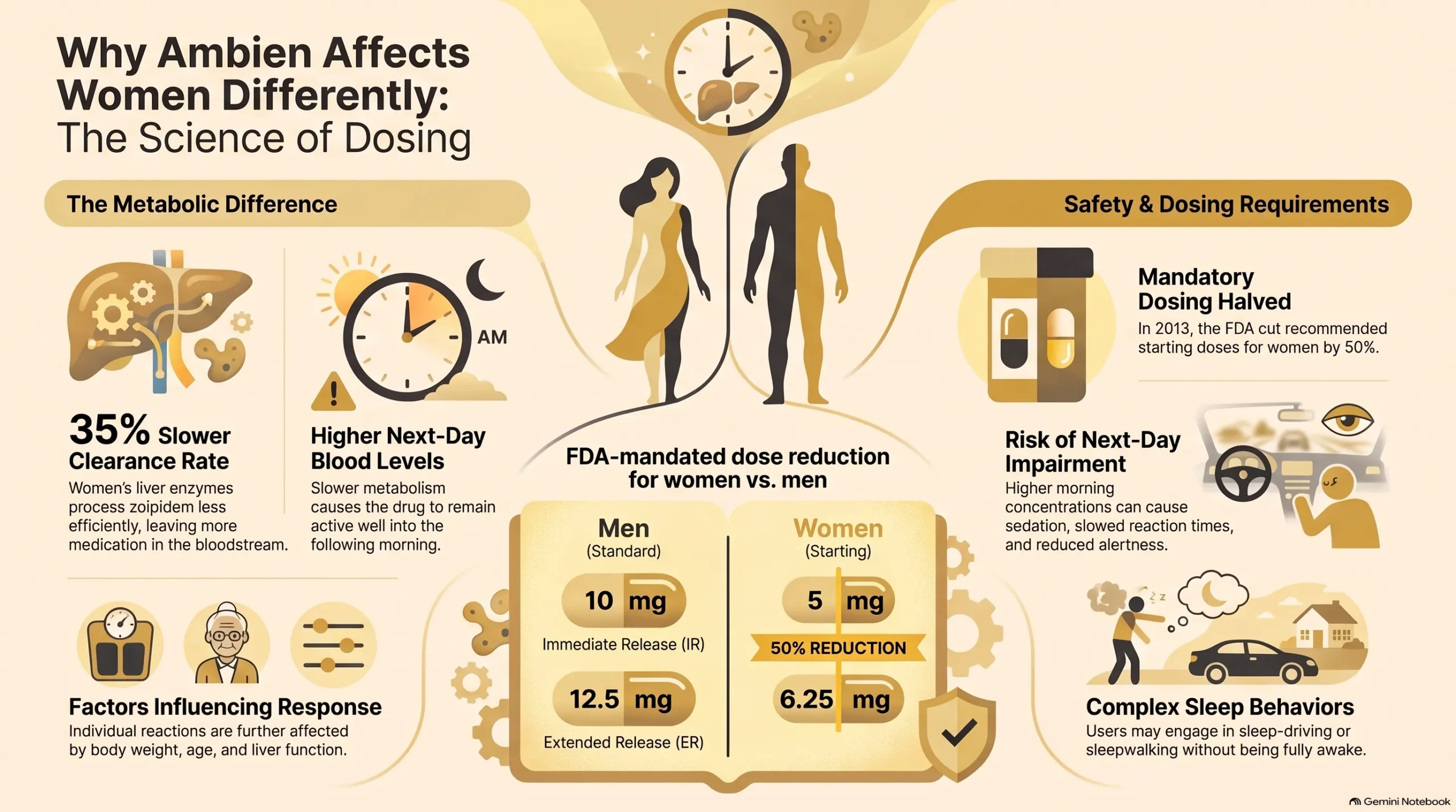 Infographic explaining why Ambien affects women differently: 35% slower zolpidem clearance, higher next-day blood levels, and the FDA-mandated dose reduction from 10 mg to 5 mg immediate release and 12.5 mg to 6.25 mg extended release for women.