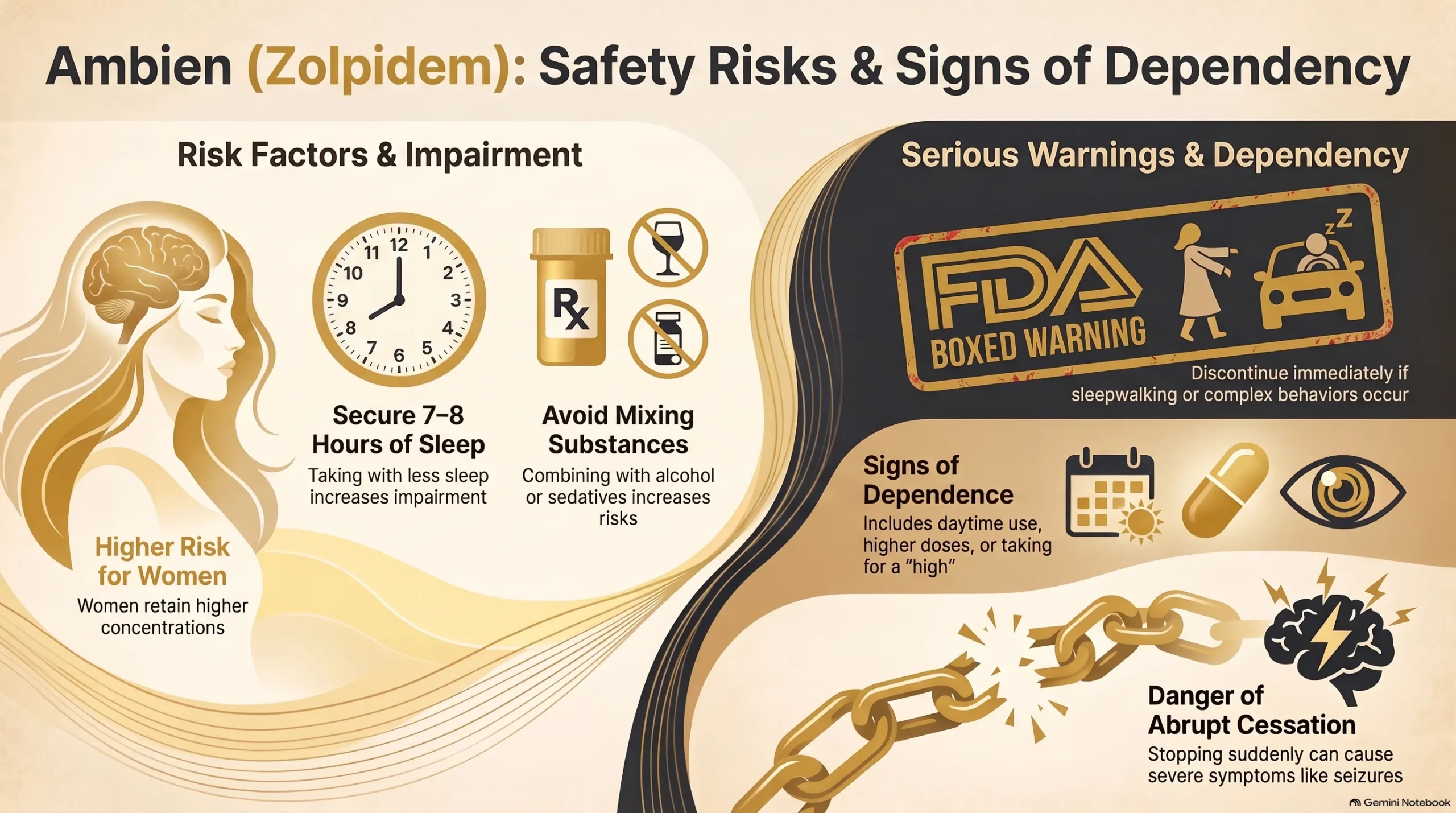 Infographic on Ambien (zolpidem) safety risks and signs of dependency: higher risk for women from retained concentrations, securing 7–8 hours of sleep, avoiding alcohol and sedatives, the FDA boxed warning on sleepwalking, signs of dependence, and seizure risk from abrupt cessation.